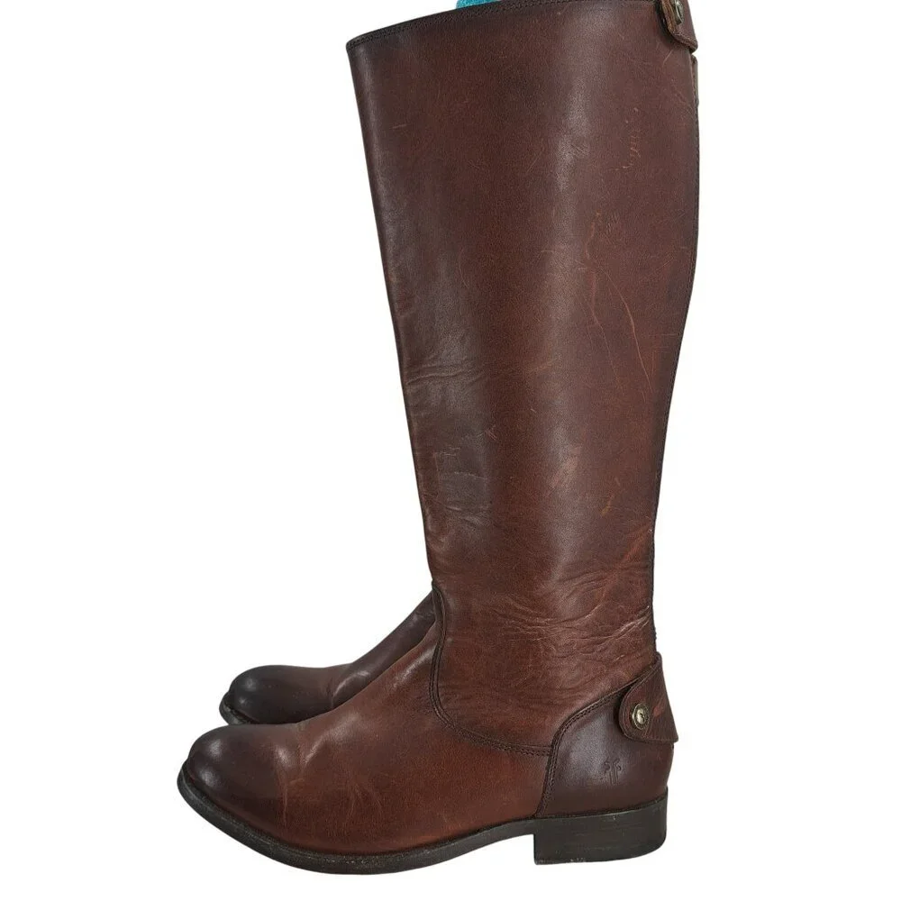 Frye Melissa Knee High Leather Brown Riding Boots Size 6.5 Distressed Snap Zip